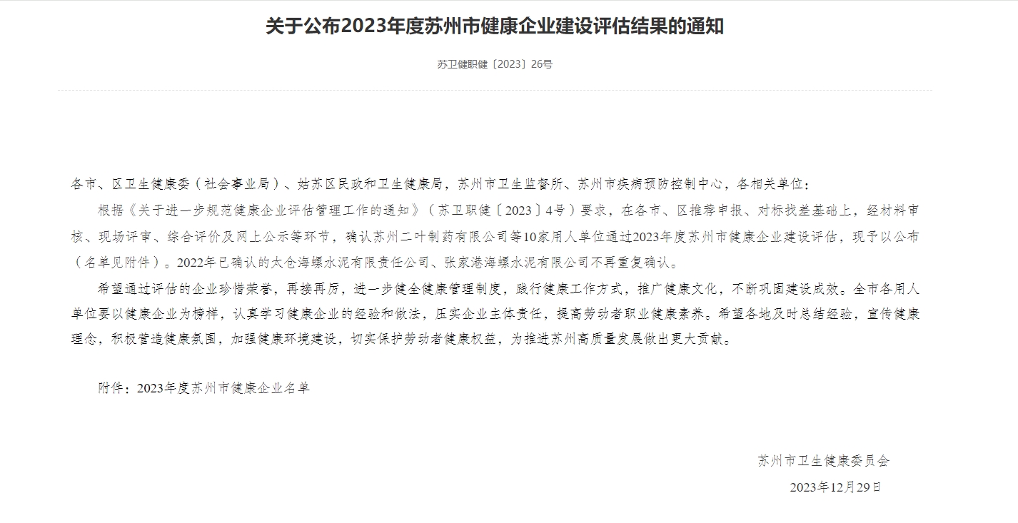 江苏海岸药业荣获苏州市健康企业荣誉称号
